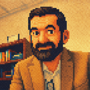 Self-portrait of Barry Schoedel, Founder and CEO of Schoedel.Design, made from a selfie pixelated through Saro with OpenAI.